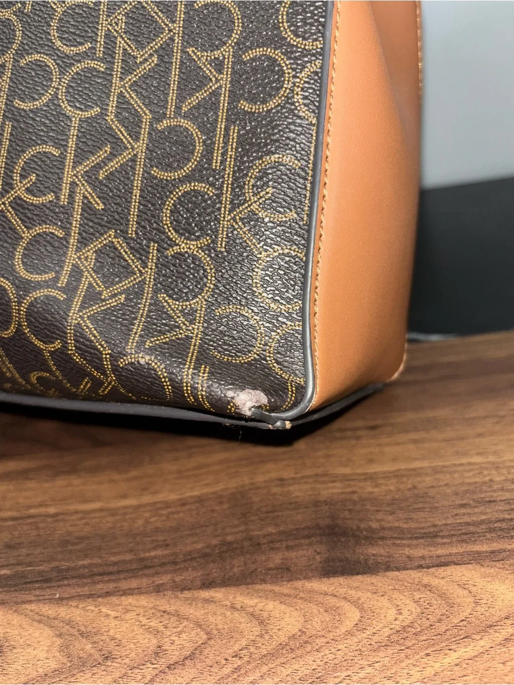 🥥Calvin Klein Brown Monogram Satchel with Tan Trim